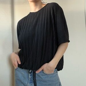 Black Ribbed Blouse with Drawstring Waist